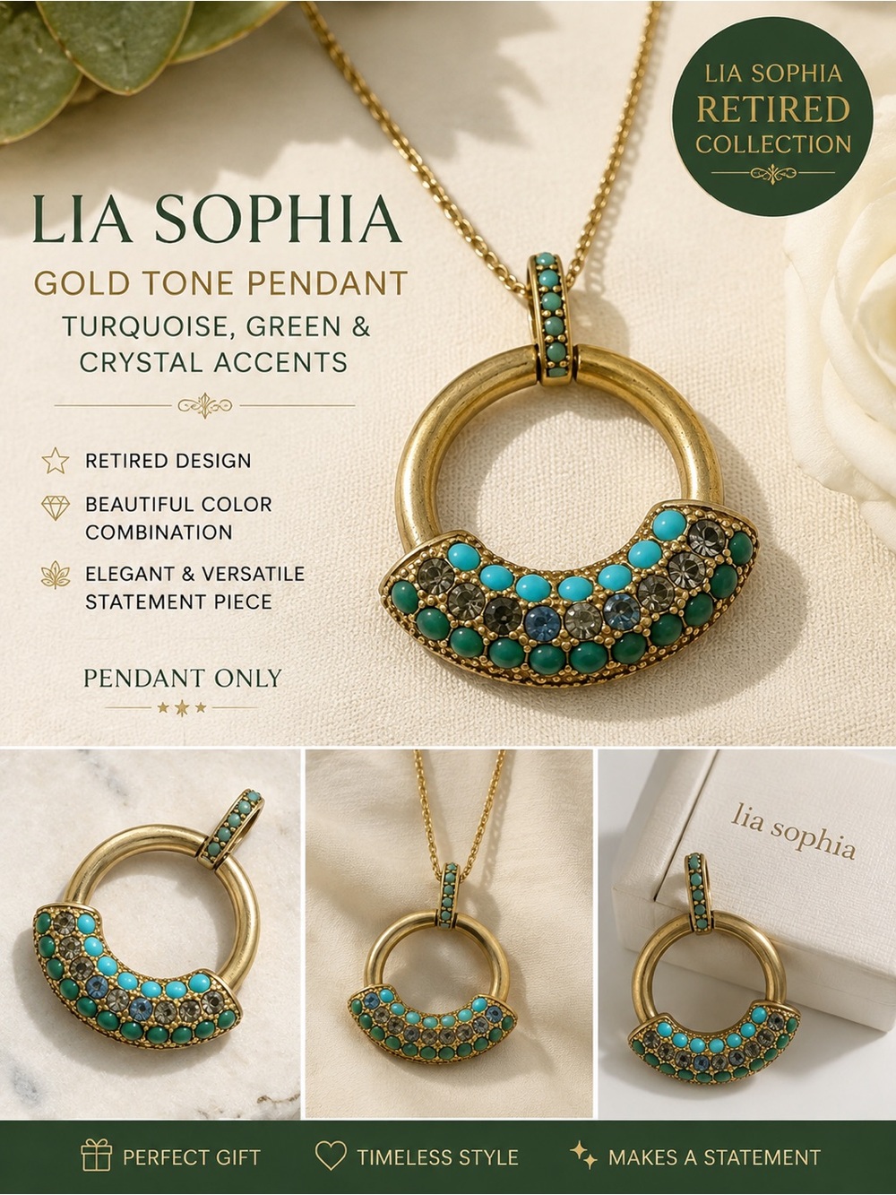 Lia Sophia Gold-Tone Pendant with Turquoise & Green Stones. No chain